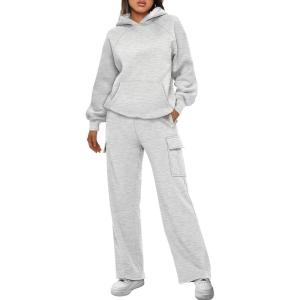 AUTOMET Womens Sweatsuits 2 Piece Outfits Fall Sweat Sets Lounge Hoodies and Cargo Pants Wide Leg with Pockets(Grey)