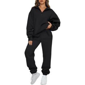 AUTOMET Women’s Sweatsuits 2 Piece Outfits Lounge Sets Long Sleeve Half Zip Pullover and Baggy Sweatpants with Pockets(Black)