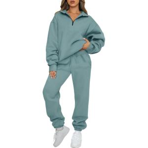 AUTOMET Women’s Sweatsuits 2 Piece Outfits Lounge Sets Long Sleeve Half Zip Pullover and Baggy Sweatpants with Pockets(Bluegreen)