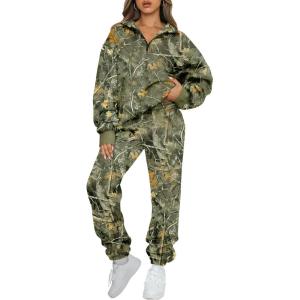 AUTOMET Women’s Sweatsuits 2 Piece Outfits Lounge Sets Long Sleeve Half Zip Pullover and Baggy Sweatpants with Pockets(Camoarmygreen)