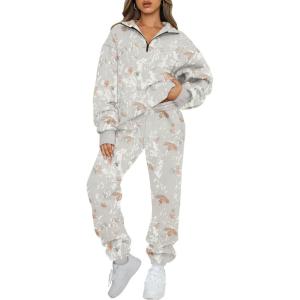 AUTOMET Women’s Sweatsuits 2 Piece Outfits Lounge Sets Long Sleeve Half Zip Pullover and Baggy Sweatpants with Pockets(Camogrey)