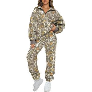 AUTOMET Women’s Sweatsuits 2 Piece Outfits Lounge Sets Long Sleeve Half Zip Pullover and Baggy Sweatpants with Pockets(Camoyellow)