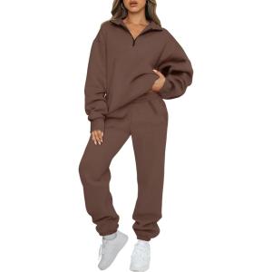 AUTOMET Women’s Sweatsuits 2 Piece Outfits Lounge Sets Long Sleeve Half Zip Pullover and Baggy Sweatpants with Pockets(Chocolatebrown)