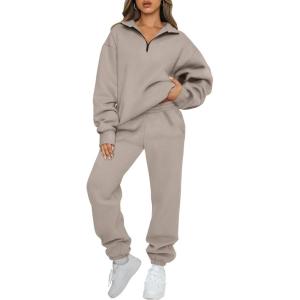 AUTOMET Women’s Sweatsuits 2 Piece Outfits Lounge Sets Long Sleeve Half Zip Pullover and Baggy Sweatpants with Pockets(Coffeegrey)