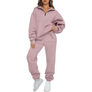 AUTOMET Women’s Sweatsuits 2 Piece Outfits Lounge Sets Long Sleeve Half Zip Pullover and Baggy Sweatpants with Pockets(Darkpink)