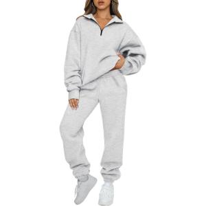 AUTOMET Women’s Sweatsuits 2 Piece Outfits Lounge Sets Long Sleeve Half Zip Pullover and Baggy Sweatpants with Pockets(Grey)