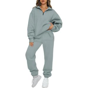 AUTOMET Women’s Sweatsuits 2 Piece Outfits Lounge Sets Long Sleeve Half Zip Pullover and Baggy Sweatpants with Pockets(Greygreen)