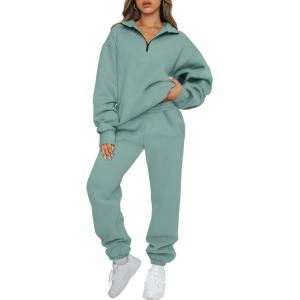 AUTOMET Women’s Sweatsuits 2 Piece Outfits Lounge Sets Long Sleeve Half Zip Pullover and Baggy Sweatpants with Pockets(Lake)