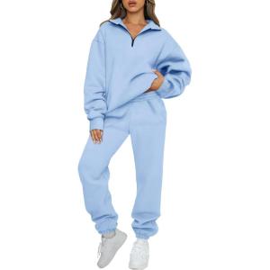 AUTOMET Women’s Sweatsuits 2 Piece Outfits Lounge Sets Long Sleeve Half Zip Pullover and Baggy Sweatpants with Pockets(Lightblue)