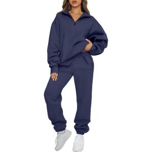 AUTOMET Women’s Sweatsuits 2 Piece Outfits Lounge Sets Long Sleeve Half Zip Pullover and Baggy Sweatpants with Pockets(Navyblue)