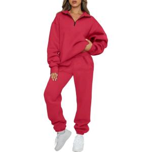 AUTOMET Women’s Sweatsuits 2 Piece Outfits Lounge Sets Long Sleeve Half Zip Pullover and Baggy Sweatpants with Pockets(Red)