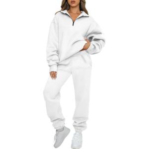 AUTOMET Women’s Sweatsuits 2 Piece Outfits Lounge Sets Long Sleeve Half Zip Pullover and Baggy Sweatpants with Pockets(White)