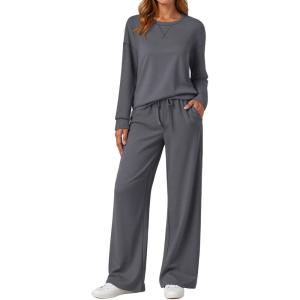 AUTOMET Womens Sweatsuits 2 Piece Sets Travel Outfits 2025 Fall Matching Lounge Set Oversized Sweatshirt Wide Leg Pants(Dark Grey)