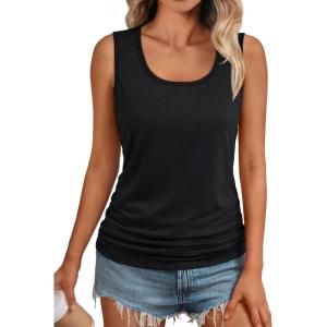 AUTOMET Womens Tank Tops 2025 Sleeveless Square Round Neck Ruched Spring Summer Tee Shirts Basic Outfits Trendy Clothes(Black)