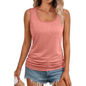 AUTOMET Womens Tank Tops 2025 Sleeveless Square Round Neck Ruched Spring Summer Tee Shirts Basic Outfits Trendy Clothes(Coral)