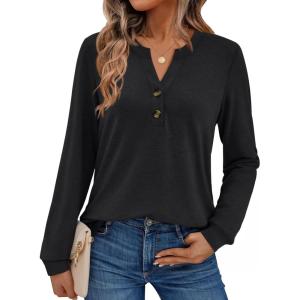 AUTOMET Womens Tops Long Sleeve Shirts Fall Fashion Clothes Henley Dressy Casual Blouses Trendy 2025(Black)