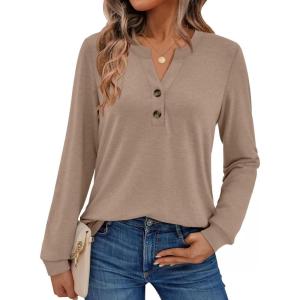 AUTOMET Womens Tops Long Sleeve Shirts Fall Fashion Clothes Henley Dressy Casual Blouses Trendy 2025(Khaki)