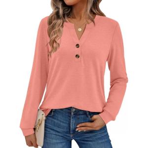 AUTOMET Womens Tops Long Sleeve Shirts Fall Fashion Clothes Henley Dressy Casual Blouses Trendy 2025(Pink)