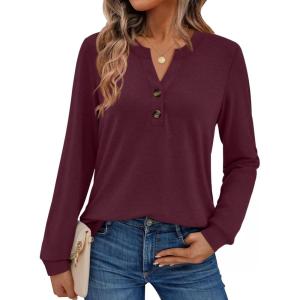 AUTOMET Womens Tops Long Sleeve Shirts Fall Fashion Clothes Henley Dressy Casual Blouses Trendy 2025(Winered)