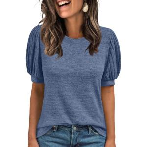 AUTOMET Womens Tops Summer Sweater Long Tunic Dressy Casual Blouses Business Cute Trendy Short Sleeve Shirt 2025(Blue)