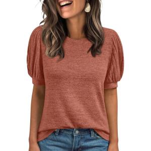 AUTOMET Womens Tops Summer Sweater Long Tunic Dressy Casual Blouses Business Cute Trendy Short Sleeve Shirt 2025(Brown)