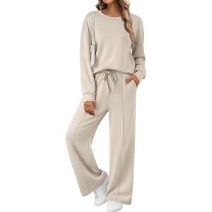 AUTOMET Womens Two Piece Lounge Sets Sweatsuits Outfit Wide Leg Sweatpants Tracksuit Loungewear Sweatshirt with Pockets(Apricot)