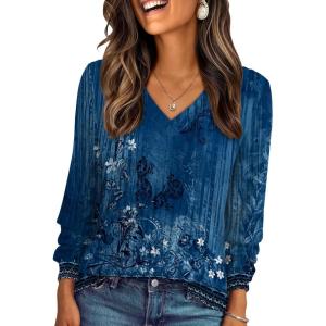 AUTOMET Womens V Neck Long Sleeve Shirt Fall Fashion Tops Tunic Dressy Casual Sweater Clothes Cute Trendy Work Outfits 2025(Bohoflowerblue)