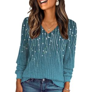 AUTOMET Womens V Neck Long Sleeve Shirt Fall Fashion Tops Tunic Dressy Casual Sweater Clothes Cute Trendy Work Outfits 2025(Bohoflowerteal)