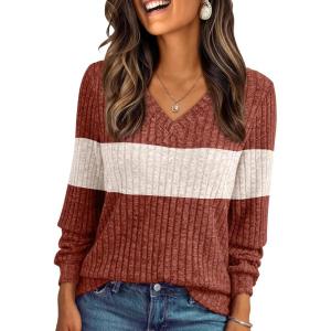 AUTOMET Womens V Neck Long Sleeve Shirt Fall Fashion Tops Tunic Dressy Casual Sweater Clothes Cute Trendy Work Outfits 2025(Caramal Apricot Block)