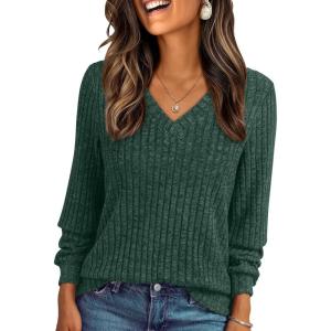 AUTOMET Womens V Neck Long Sleeve Shirt Fall Fashion Tops Tunic Dressy Casual Sweater Clothes Cute Trendy Work Outfits 2025(Deepgreen)