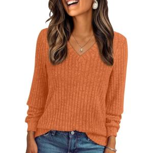 AUTOMET Womens V Neck Long Sleeve Shirt Fall Fashion Tops Tunic Dressy Casual Sweater Clothes Cute Trendy Work Outfits 2025(Pumpkin)