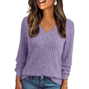 AUTOMET Womens V Neck Long Sleeve Shirt Fall Fashion Tops Tunic Dressy Casual Sweater Clothes Cute Trendy Work Outfits 2025(Purple)