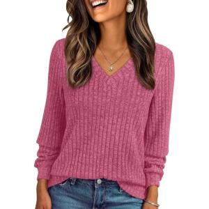 AUTOMET Womens V Neck Long Sleeve Shirt Fall Fashion Tops Tunic Dressy Casual Sweater Clothes Cute Trendy Work Outfits 2025(Rose)