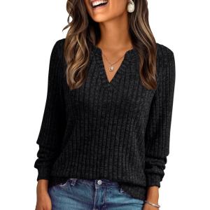 AUTOMET Womens V Neck Long Sleeve Shirts Casual Lightweight Tunic Sweaters Fall Fashion Tops Trendy Dressy Clothes 2025(Black)