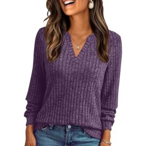 AUTOMET Womens V Neck Long Sleeve Shirts Casual Lightweight Tunic Sweaters Fall Fashion Tops Trendy Dressy Clothes 2025(Purple)