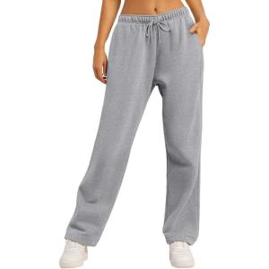AUTOMET Women’s Wide Leg Sweatpants Fleece Lined Baggy Straight Leg Lounge Pants Fall Outfits Athletic Joggers with Pockets(Blackgrey)
