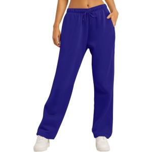 AUTOMET Women’s Wide Leg Sweatpants Fleece Lined Baggy Straight Leg Lounge Pants Fall Outfits Athletic Joggers with Pockets(Blue)