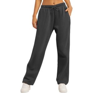 AUTOMET Women’s Wide Leg Sweatpants Fleece Lined Baggy Straight Leg Lounge Pants Fall Outfits Athletic Joggers with Pockets(Darkgrey)