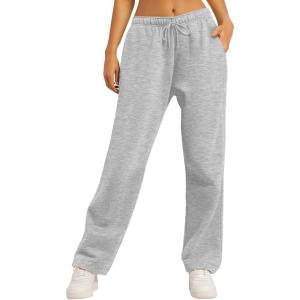 AUTOMET Women’s Wide Leg Sweatpants Fleece Lined Baggy Straight Leg Lounge Pants Fall Outfits Athletic Joggers with Pockets(Grey)