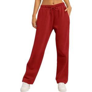 AUTOMET Women’s Wide Leg Sweatpants Fleece Lined Baggy Straight Leg Lounge Pants Fall Outfits Athletic Joggers with Pockets(Red)