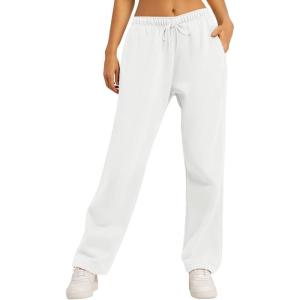 AUTOMET Women’s Wide Leg Sweatpants Fleece Lined Baggy Straight Leg Lounge Pants Fall Outfits Athletic Joggers with Pockets(White)