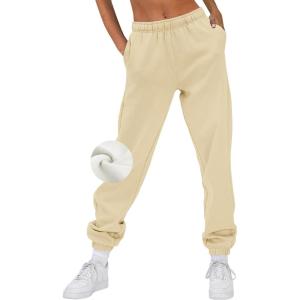 AUTOMET Women’s Winter Casual Baggy Fleece Lined Sweatpants Fashion High Waisted Joggers Pants Athletic Clothes with Pockets(Beige)