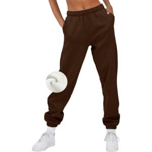 AUTOMET Women’s Winter Casual Baggy Fleece Lined Sweatpants Fashion High Waisted Joggers Pants Athletic Clothes with Pockets(Brown)