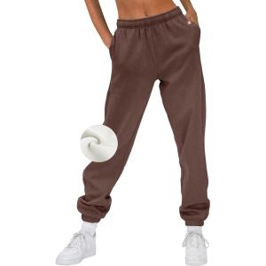 AUTOMET Women’s Winter Casual Baggy Fleece Lined Sweatpants Fashion High Waisted Joggers Pants Athletic Clothes with Pockets(Coffee)
