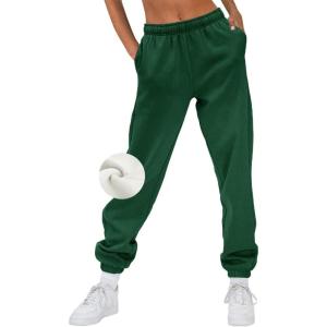 AUTOMET Women’s Winter Casual Baggy Fleece Lined Sweatpants Fashion High Waisted Joggers Pants Athletic Clothes with Pockets(Dark Green)
