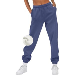 AUTOMET Women’s Winter Casual Baggy Fleece Lined Sweatpants Fashion High Waisted Joggers Pants Athletic Clothes with Pockets(Navy Blue)
