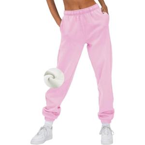 AUTOMET Women’s Winter Casual Baggy Fleece Lined Sweatpants Fashion High Waisted Joggers Pants Athletic Clothes with Pockets(Pink)