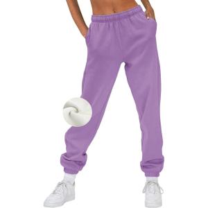 AUTOMET Women’s Winter Casual Baggy Fleece Lined Sweatpants Fashion High Waisted Joggers Pants Athletic Clothes with Pockets(Purple)
