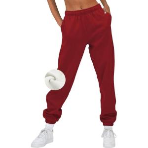 AUTOMET Women’s Winter Casual Baggy Fleece Lined Sweatpants Fashion High Waisted Joggers Pants Athletic Clothes with Pockets(Red)