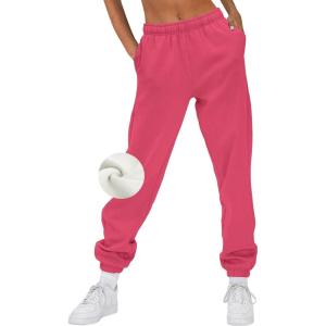 AUTOMET Women’s Winter Casual Baggy Fleece Lined Sweatpants Fashion High Waisted Joggers Pants Athletic Clothes with Pockets(Watermelonred)